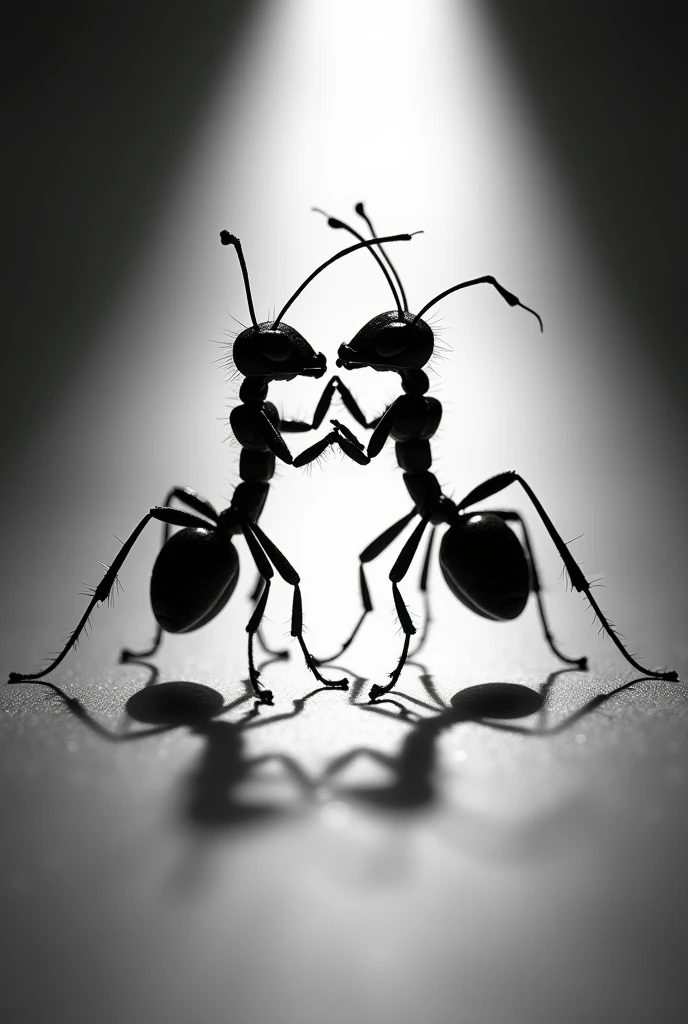 Create a realistic black and white image showing two ants dancing the tango. The image must be taken against the light, so that the shadows and profiles of the ants stand out very clearly. Ants must be in a dynamic position, Capturing the movement and grace of tango, with its antennae and legs in elegant positions. Make sure the image has a high level of detail, especially in the texture of the ants and the projected shadows. The backlight should be diffuse and soft., creating a dramatic effect that accentuates the silhouette and shape of the moving ants. The overall atmosphere should be evocative and artistic., with a focus on the accuracy of contrast and detail in the representation of ants.