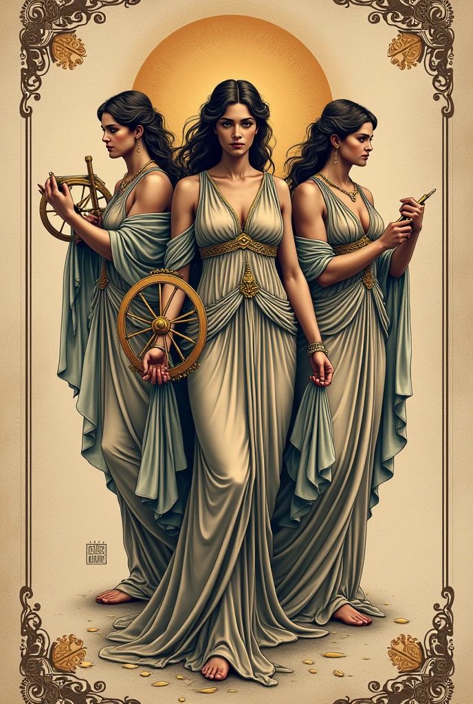 The Moirae are three goddesses from Greek mythology who personify the fate of mortals.. Represents Clotho for tattoo: She carries a spinning wheel and represents the past Lachesis: He carries a stick, a pen or a globe Atropos: Carry scissors or a scale 