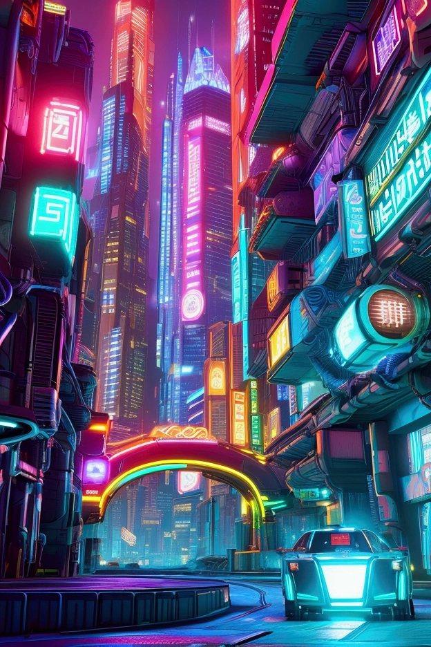 In a neon-lit, futuristic cityscape, a sleek and agile cybernetic wolf prowls through the shadows. Its fur is interwoven with glowing blue circuits, and its eyes pulse with a vivid red hue, scanning the surroundings with an eerie precision. The city around it is a mix of towering skyscrapers, holographic advertisements, and rain-slicked streets reflecting the vibrant colors of neon signs. The atmosphere is charged with a sense of tension and anticipation, as the cyberpunk wolf embodies the perfect fusion of technology and wild instinct in this dystopian urban jungle.