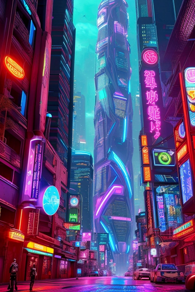 In a neon-lit, futuristic cityscape, a sleek and agile cybernetic wolf prowls through the shadows. Its fur is interwoven with glowing blue circuits, and its eyes pulse with a vivid red hue, scanning the surroundings with an eerie precision. The city around it is a mix of towering skyscrapers, holographic advertisements, and rain-slicked streets reflecting the vibrant colors of neon signs. The atmosphere is charged with a sense of tension and anticipation, as the cyberpunk wolf embodies the perfect fusion of technology and wild instinct in this dystopian urban jungle.