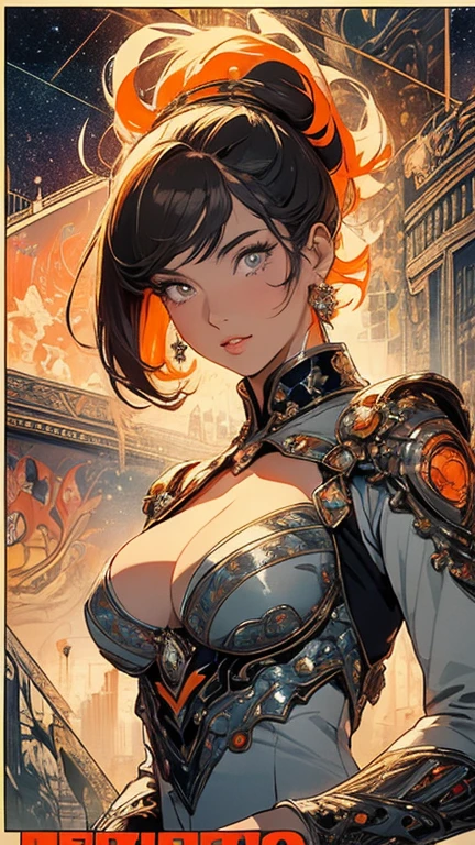 (masterpiece, Highest quality), 32K,(Highly detailed beautiful woman), Poster,sf,1960s,1970s,Bauhaus, shape, Abstract,movie Poster, Vintage,Retro,Future Anime,The ultimate map,highlight,Very detailed glowing eyes,Cleavage,Complex patterns,Stylish hairstyle,Grey and orange outfit,Starry Sky