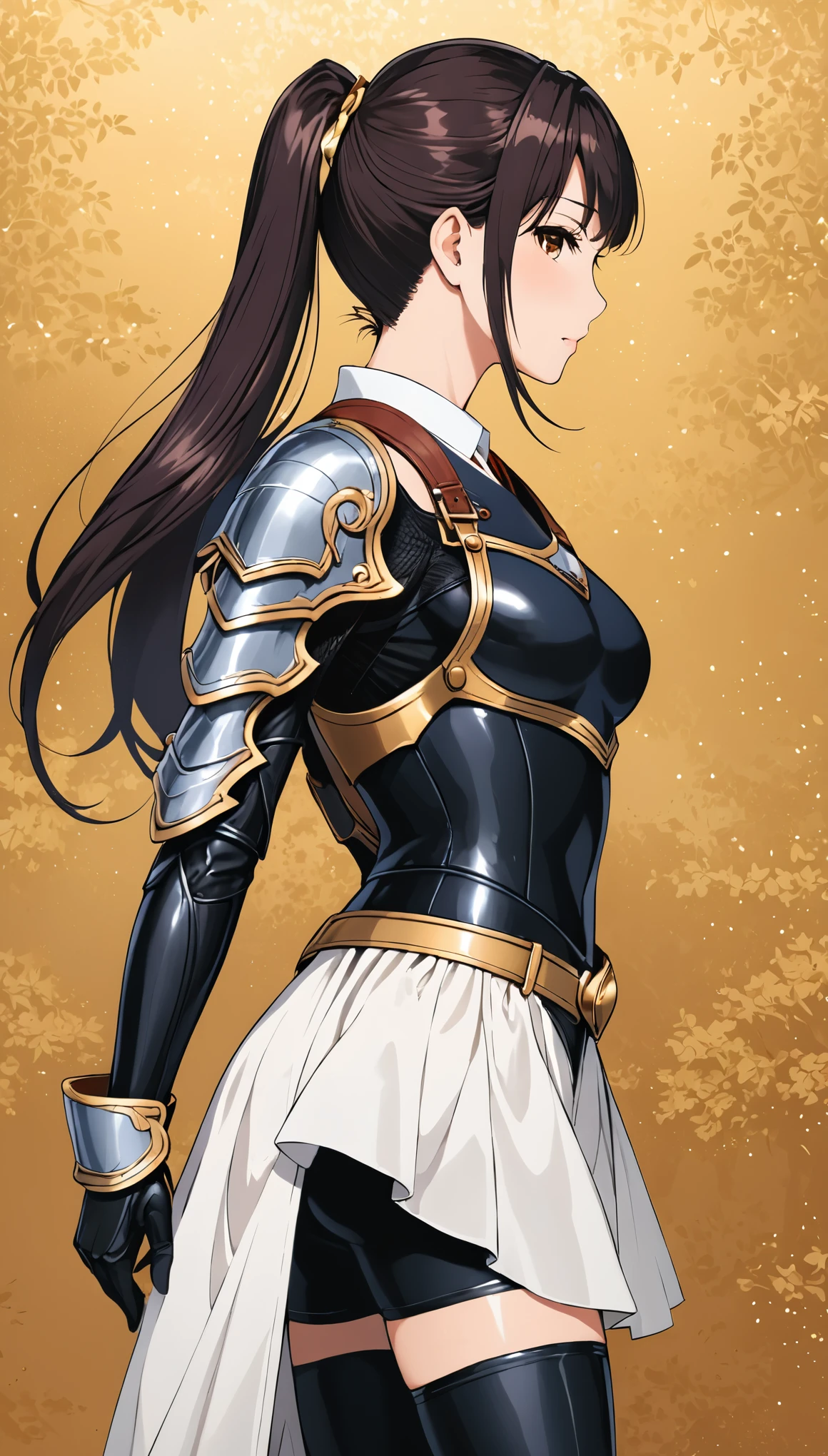 in style of Arthur Adams
 (1 girl character concept design),Above the knee shot,from side,bikini_armor,see through fullbodystocking under the armor,(arm_held_back,gravure_pose:1.8),high ponytail,incredibly long hair，
BREAK
(stand sideways:2.8),(shoulder facing the viewer:2.9)