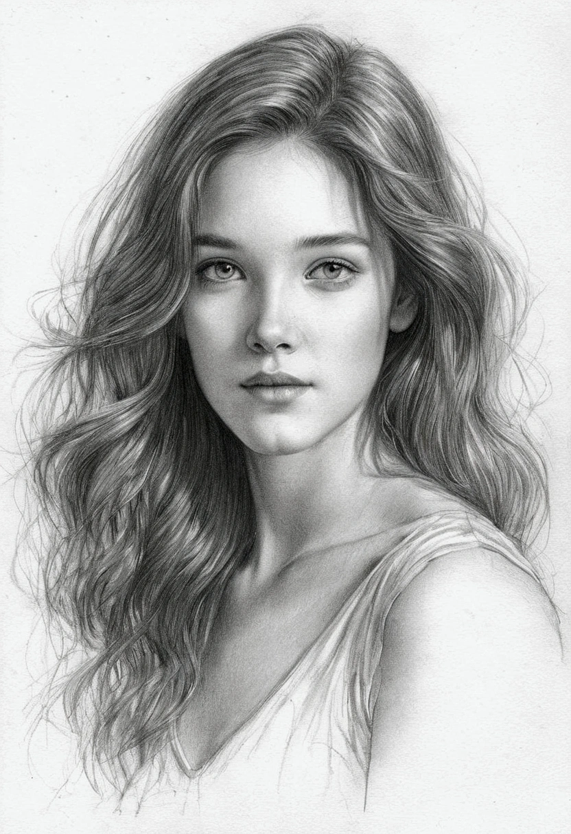 A delicate, graphite sketch portrays, a beautiful young Monica Belluccy,  without background, her features rendered in subtle shading and precise lines. The framing is tight, focusing attention on the subject's serene face. Soft, feathery strokes convey the gentle texture of her hair, 