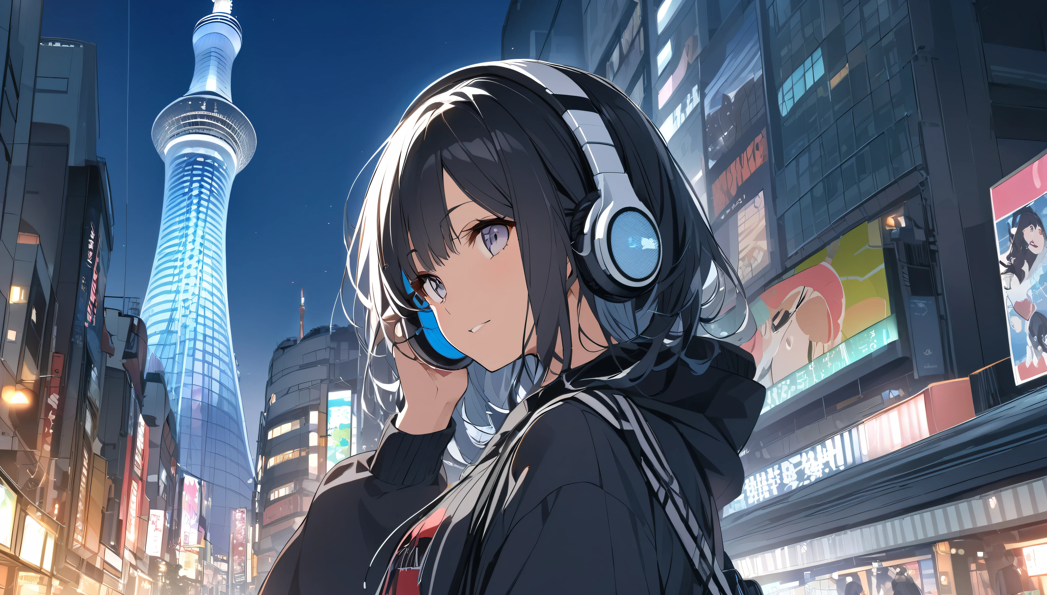Black haired woman with headphones looking at Tokyo Skytree,Streetscape、listen to music、Japanese