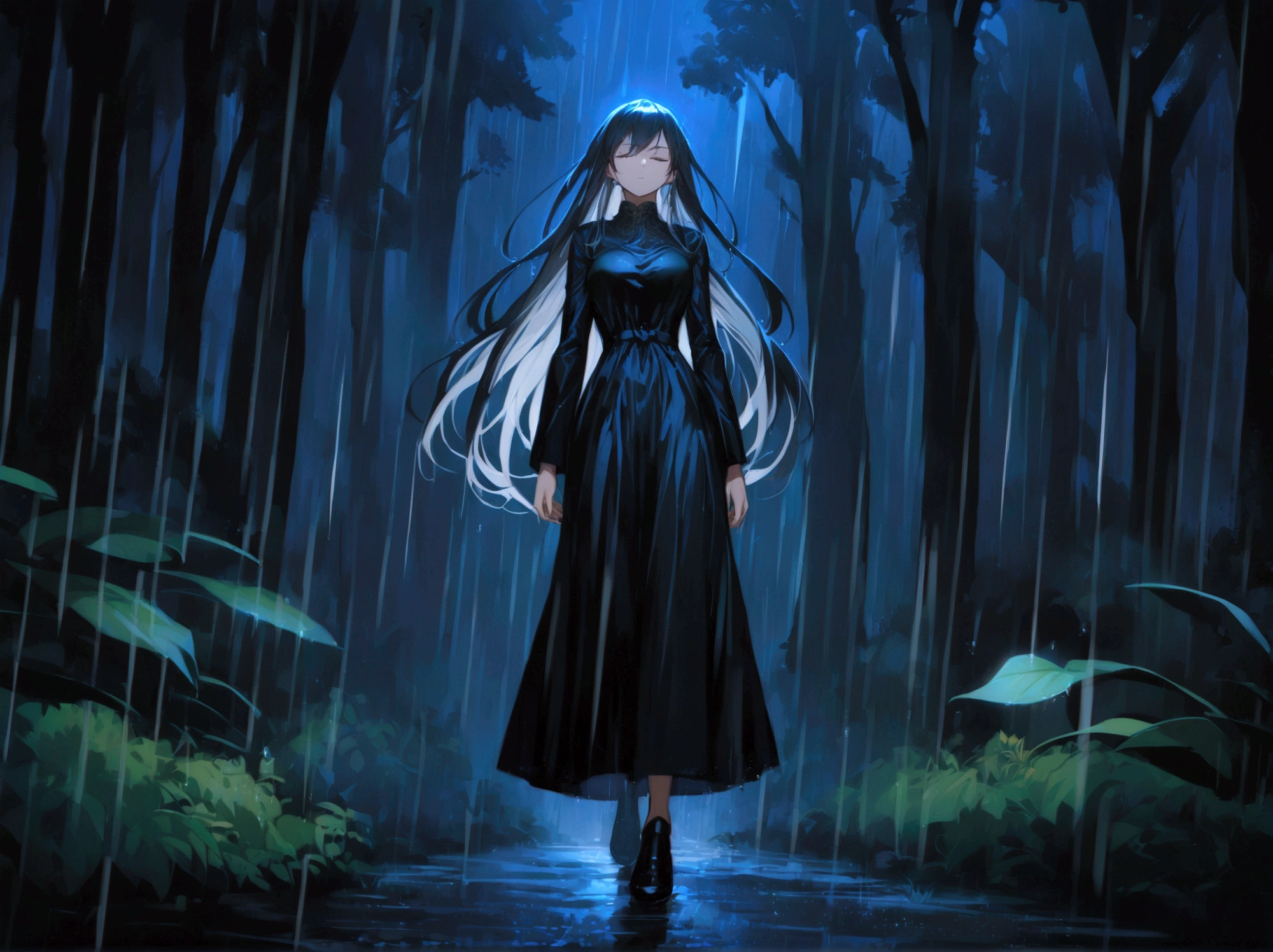 woman, tall, long hair, serious expression, eyes closed, looking at the sky, rainy night, night, rain, moonlight, low lighting, forest, full body
