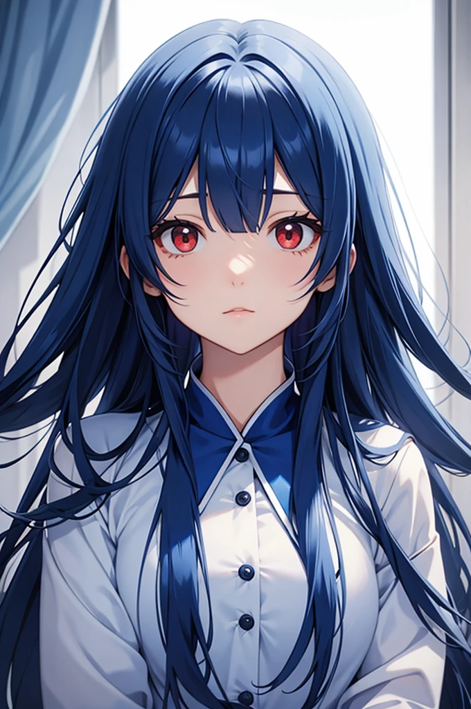 Blue colored long hair、Center parted bangs、Red eyes