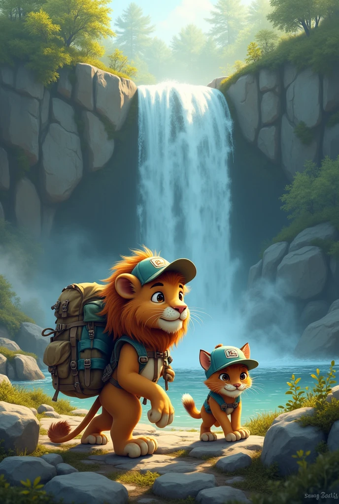 Under the waterfall,Little lion with a mountaineering bag,A cat wearing a baseball cap