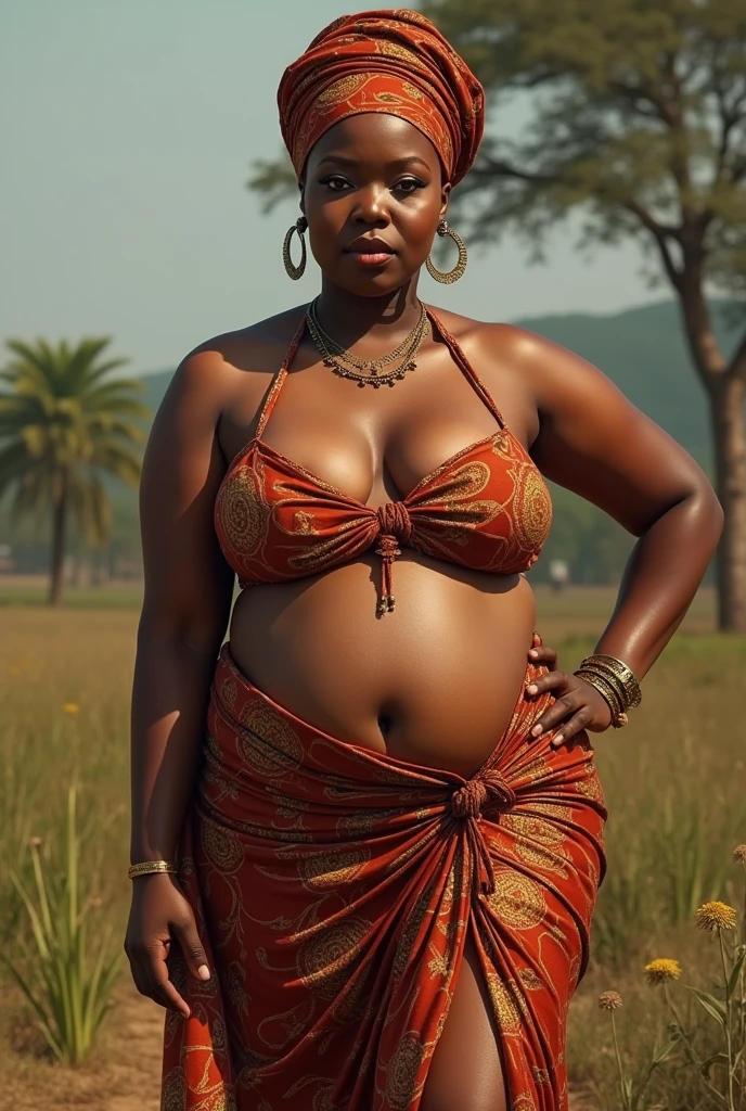 femme ivoirienne rurale en tenue traditionnelle, décolleté sexy, Gros seins (1.3),Beau, foulard traditionnel ghanéen, bijoux simples, poser pour la photo, regarder directement le spectateur, very Gros seins, pose sexy, Expression détaillée, tout le corps (1.2)