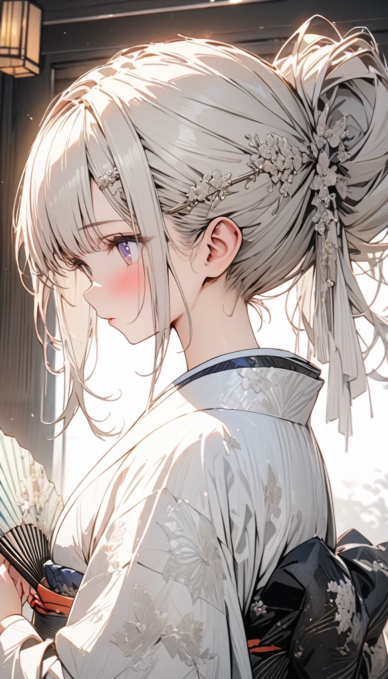 Beautiful kimono girl, White hair tied up with a gorgeous hairpin,Holding White lace folding fan, Beautiful lace fan, indoor, White lace, Very delicate lace, best quality, 4K, 8k, Very detailed, High Detail, masterpiece