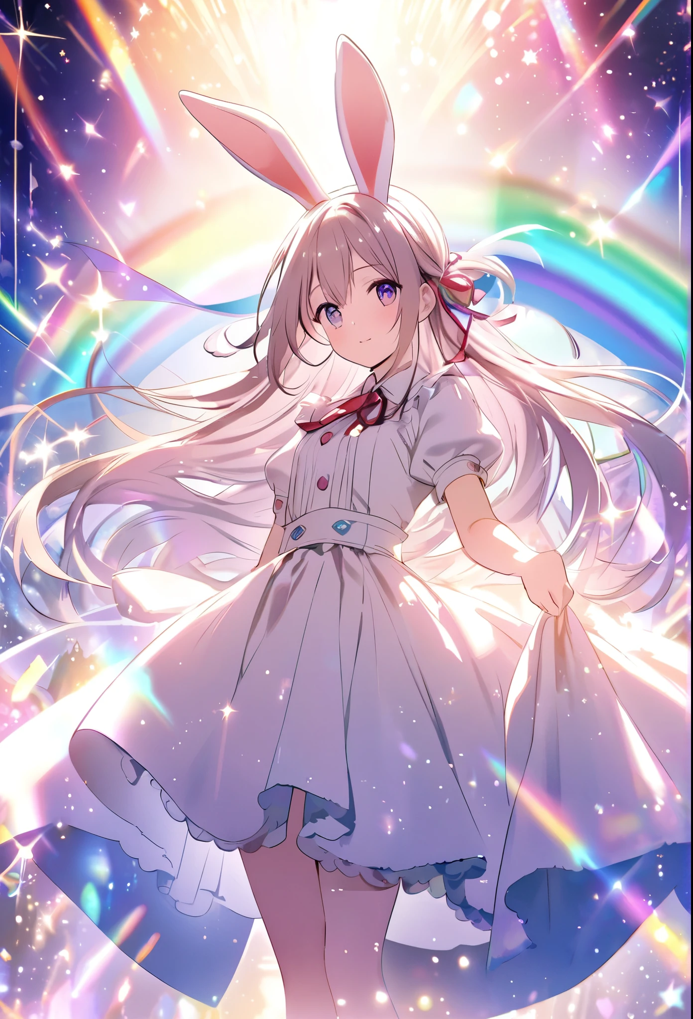 「A character with rabbit ears and long hair tied with a ribbon, Surrounded by magical rainbows and sparkles, Against a bright and shining fantasy background.&quot;He&#39;s holding a stuffed rabbit in both hands.