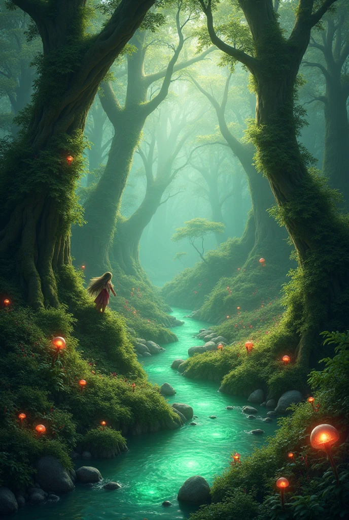 Fantasy forest with a mystical stream in greenish hue
