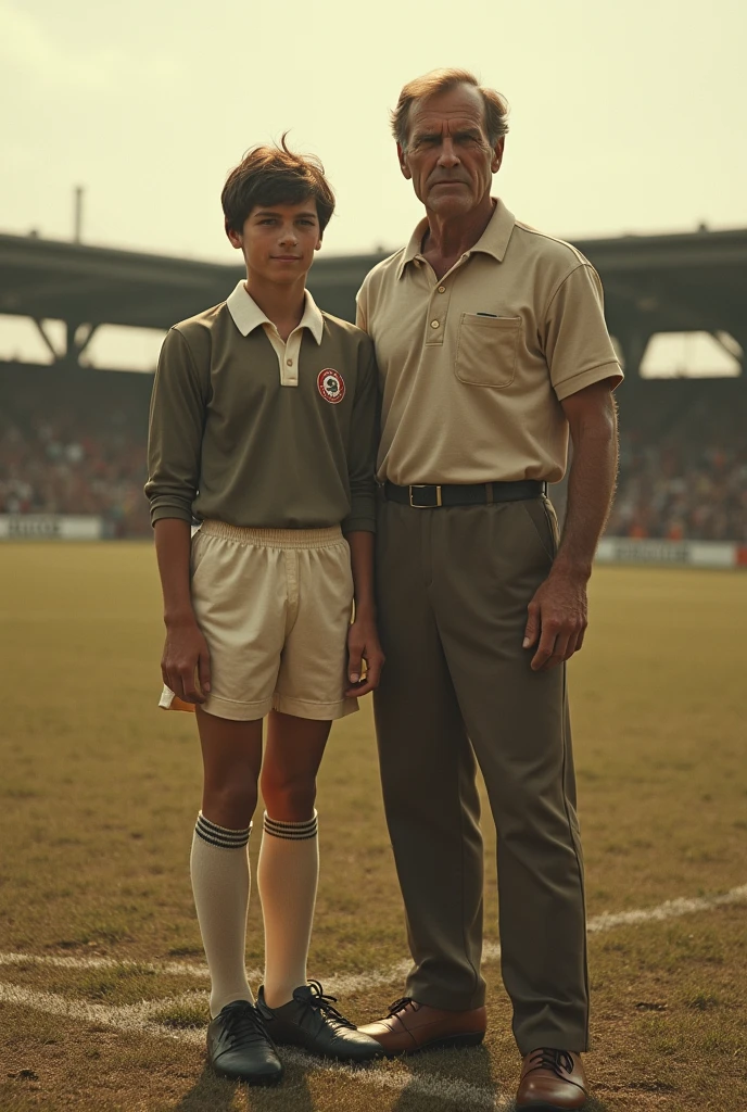 A montage of Endrick dressed as a 1960s player, next to Bobby Charlton on an old football pitch.