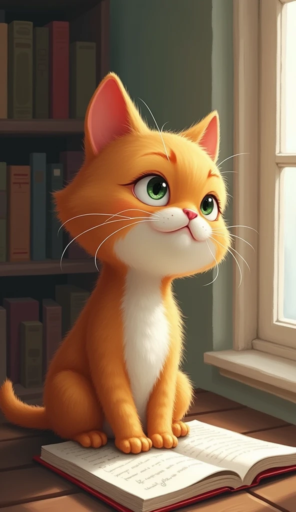 photorrealistic, 64k, cute fat [cat] writing on book use a pen in the right hand