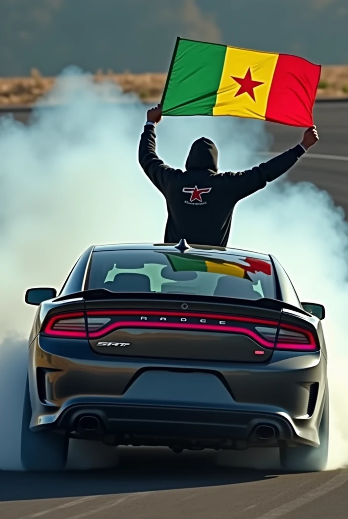 Je veux créer l'image d'un gars qui drift une Dodge charger srt . Le gars en question tient le drapeau du Sénégal vert, jaune, rouge avec l'étoile noire au milieu .Le gars porte un pull à capuche ????. Il porte le capuchon du pull,son visage n'est pas bien visible et derrière son pull est inscrit le logo SRT. 