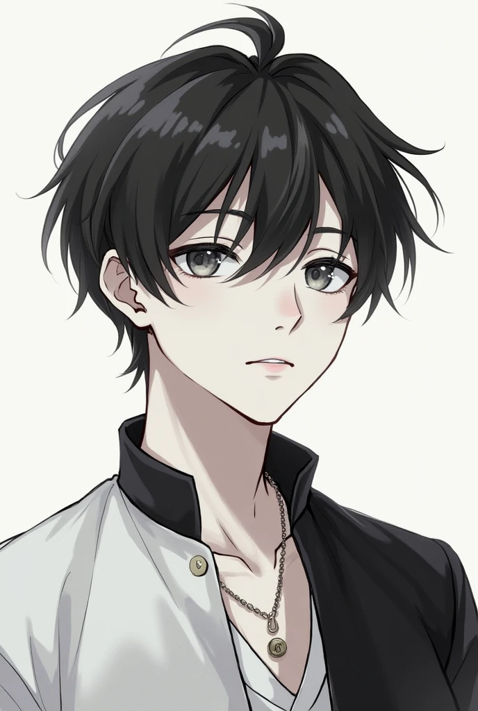 Young man looking tenderly in 2d anime drawing style wearing black and white clothes