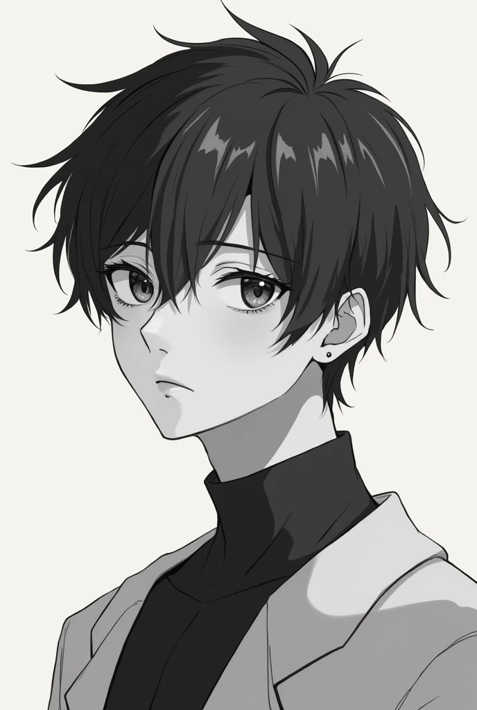 Young man looking tenderly in 2d anime drawing style wearing black and white clothes 