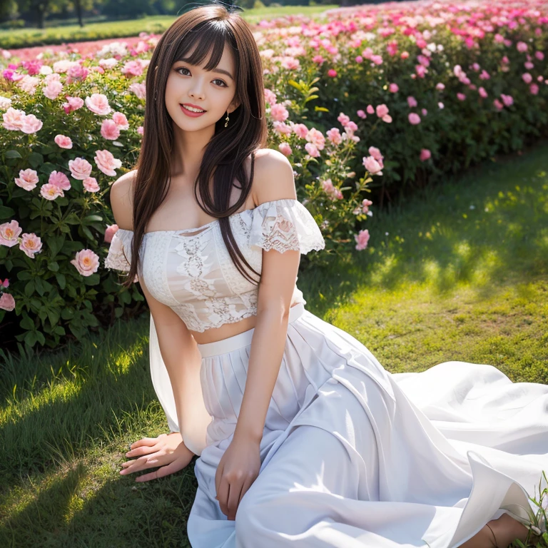 long skirt,in the flower field,Wear a dress,rotate,1 female, On the face, laughing out loud, light brown hair, blunt bangs, hair behind ears, Shoulder-length hair, long hair, Slender body type, 超face slimming型, face slimming, delicate lips, beautiful eyes, Thin blush, Eyes are light brown,View here, (actual:1.3), One person's perspective, 8k, Super detailed, high quality, best quality, High resolution, ,Large Breasts,wear a H cup, 2,Off-shoulder tops,Lace top,puffy skirt