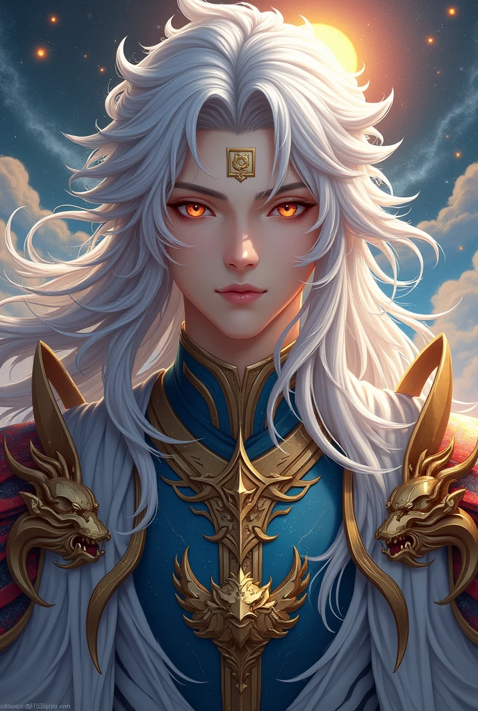 Handsome young xianxia protagonist,man,guy,long silver hair, Crimson red and golden amber eyes combination ,and long silver hair with white undertone,and the golden rune motiv  scratched on his forehead,use armour featuring like pattern on furr of white Tiger chinese with azure and white dominant color,pauldron protective shape like dragon head,breastplate featuring like azure dragon head,breastplate detailed azure dragon head shape,shoulder protective dragon shape like head red and blue,sun and moon and nebulae circling at the background,nebula destruction detail,the tassel of the armour like river of galaxy,open Abs, combination of azure and white dominant color,white dominant color, white dominant color armour,with majestic purple line ,held mystical sword, And majestic golden  wings at back,wings at back,terrifying aura around,24K ultra hd,face and eyes detail,lips and face detail,masterpiece ,better quality 