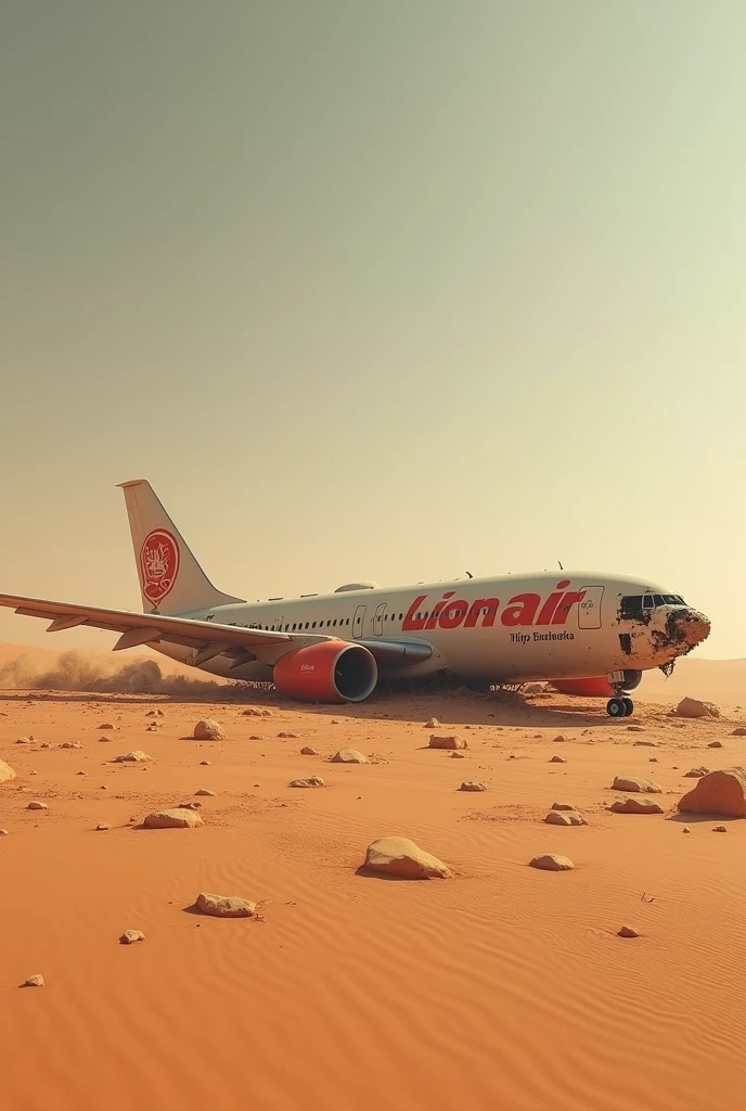 Passenger plane wreck livery "Lion Air&#39; stranded in the middle of a vast and seemingly endless desert, The condition of the plane&#39;s fuselage was damaged but not too badly and the left wing of the plane was split and the plane&#39;s debris was dirty with sand.