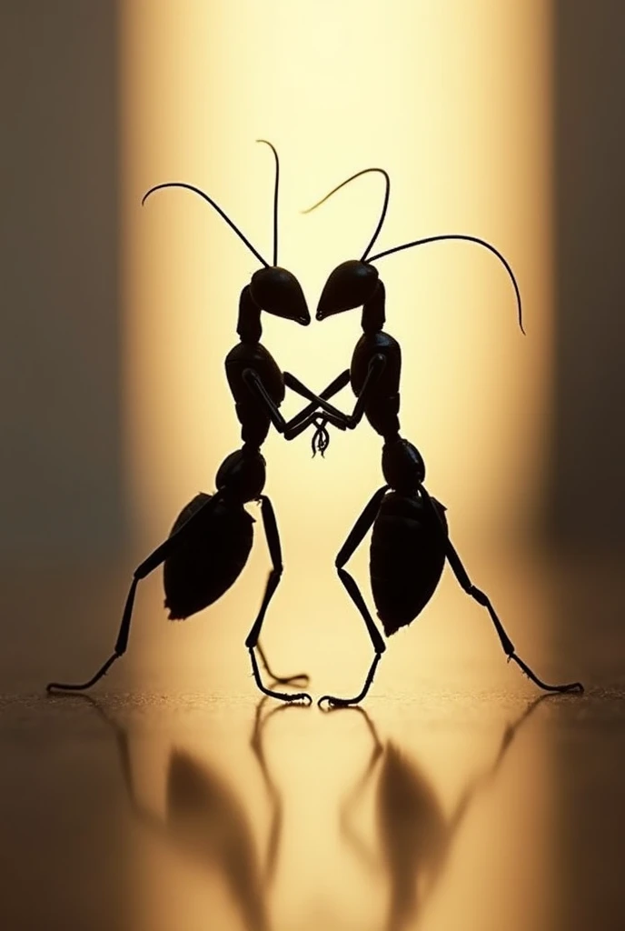 Create an image showing two ants dancing tango. The image must be taken against the light, so that the shadows and profiles of the ants stand out very clearly. Ants must be in a dynamic position, Capturing the movement and grace of tango, with its antennae and legs in elegant positions. Make sure the image has a high level of detail, especially in the texture of the ants and the projected shadows. The backlight should be diffuse and soft., creating a dramatic effect that accentuates the silhouette and shape of the moving ants. The overall atmosphere should be evocative and artistic., with a focus on the accuracy of contrast and detail in the representation of ants.