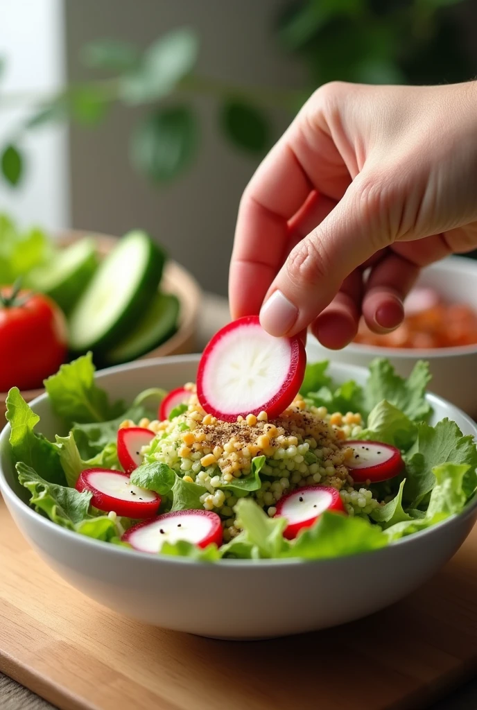 picking a slice of white and red skin radish with the finger from a salad bowl