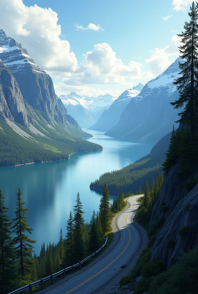 Create a realistic illustration of a fjord and a roadside