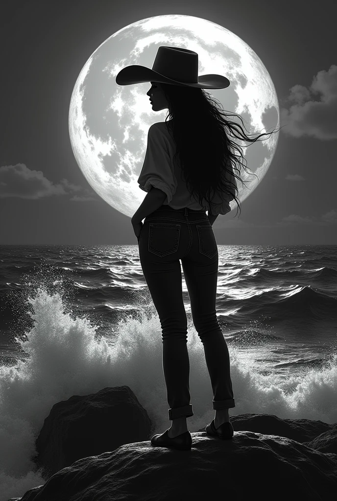 Me.You can generate a logo where a rancherita with a hat and jeans appears looking at the.rough sea,  The brand is called Nicole Simone,  The moon must appear reflecting the sea in black and white,  Woman 1.70 height and medium build, remember that it is a brand, should say Nicole Simone big
