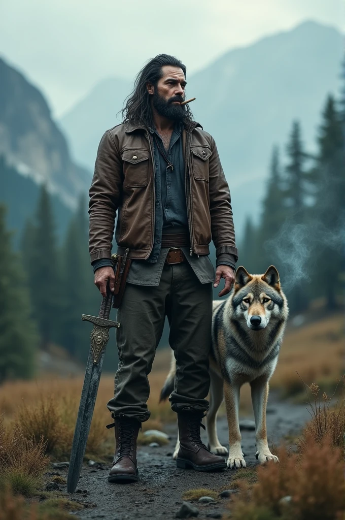 Man with long hair holding a sword and smoking a cigarette with a wolf