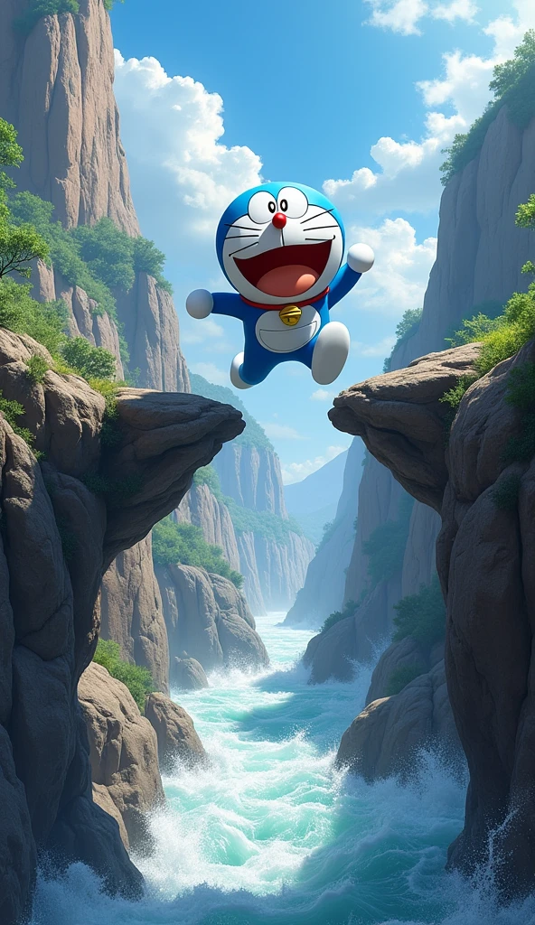 Doraemon is jumping over large slippery rocks to cross a deep canyon.. At his feet is a rushing river., create a sense of danger. On Doraemon's face is a look of intense concentration..