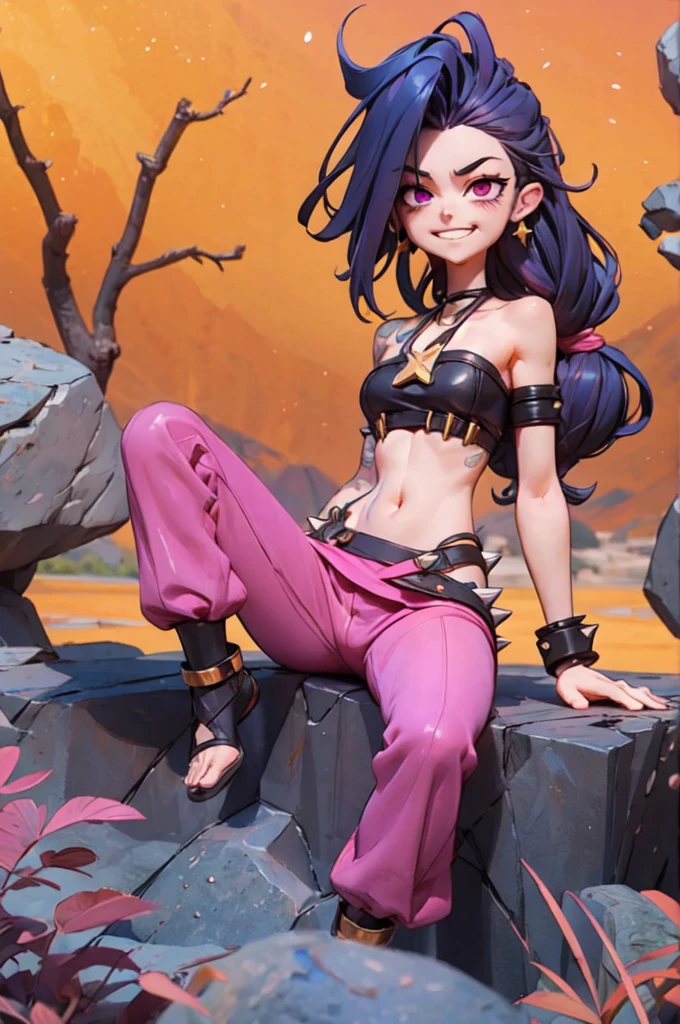 caulifla, spiked black hair, black eyes, big hair,black eyes, bare shoulders, midriff, pink bandeau, purple baggy pants, black wristband, looking at viewer, serious, grin, sitting, on rock, spreading legs, outside, canyon, stars, high quality, masterpiece,  