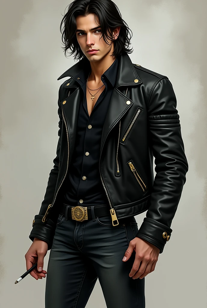 His name is Luca, he is from an Italian family, He has 1,74 tall and weighs 64 kilos, he has a toned physique, he has brown eyes and has long black hair down to his shoulders, he always wears a black leather jacket and jeans, He wears black boots and a belt with gold metal parts., he smokes a lot, he always has a cigarette in his ear, he is arrogant, petty and a real son of a bitch, but with time he can become someone nice, he is italian 🍷