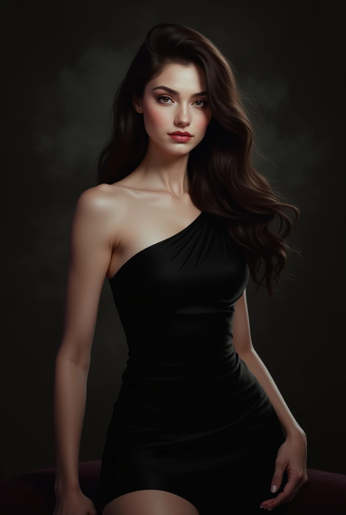 A girl with a diamond-shaped face, thin nose, thick, slightly red lips and long, wavy hair, with a very small waist, and a black fitted dress and a dominant look with very white skin and a dark background