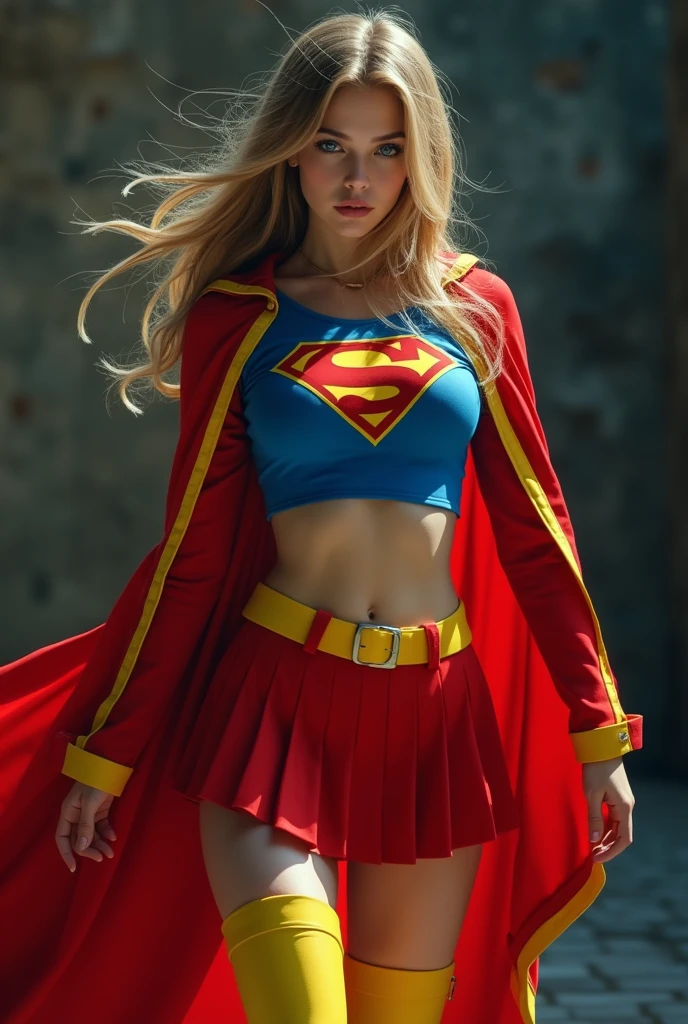 full view of A SEXY TEENAGE FEMALE WITH PEARL BLUE EYES AND LONG MESSY HAIR WEARING A CLASSIC BLUE SUPERMAN LONG SLEEVED CROP TOP COSTUME, A SHORT RED PLEATED SKIRT WITH A YELLOW, HIGH HEELED BOOTS, AND RED SUPERMAN CAPE WITH YELLOW TRIM. large breasts, incredibly detailed skin and eyes, seductive poses, 8K resolution, masterpiece, ultra-detailed, realistic, photo-realistic, vivid colors, dramatic lighting, cinematic composition