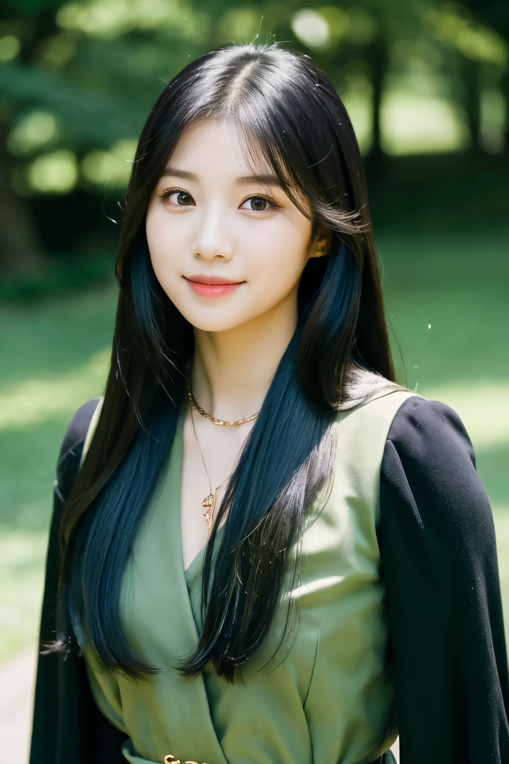 a woman with long hair wearing a black dress and a green belt, jaeyeon nam, portrait of female korean idol, lee ji - eun, lee ji-eun, Yoshitomo Nara, park ji-min, hwang se - on, sui ishida with black hair, lalisa manobal, chiho