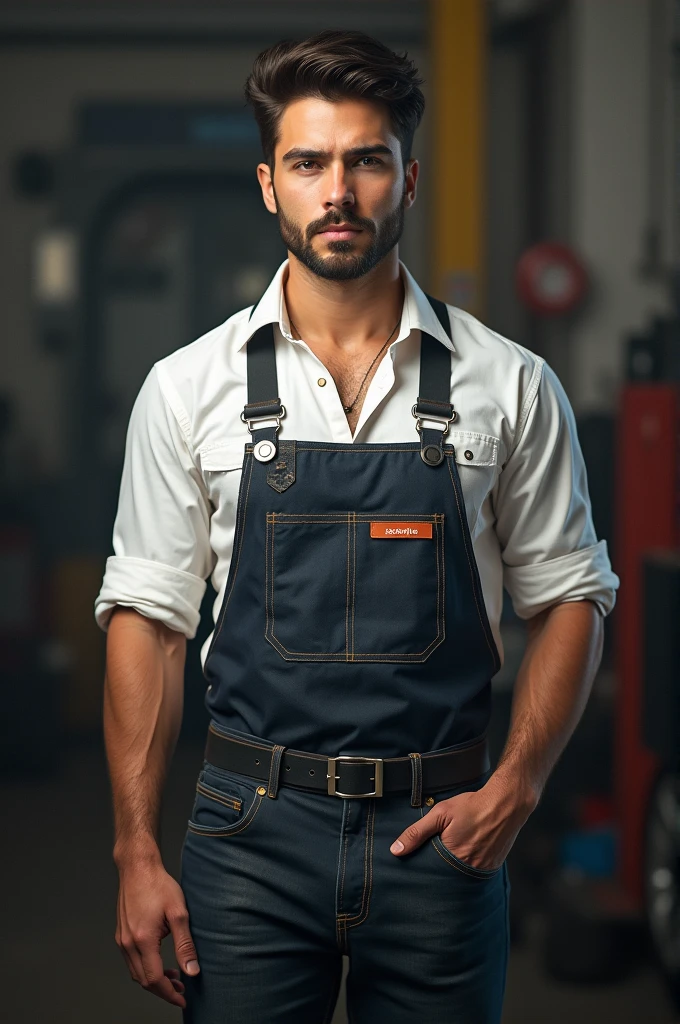 ((best quality)), ((work of art)), (detailed), perfect face, man, short beard, dark hair, black hair, mechanic uniform, white dress shirt, jeans