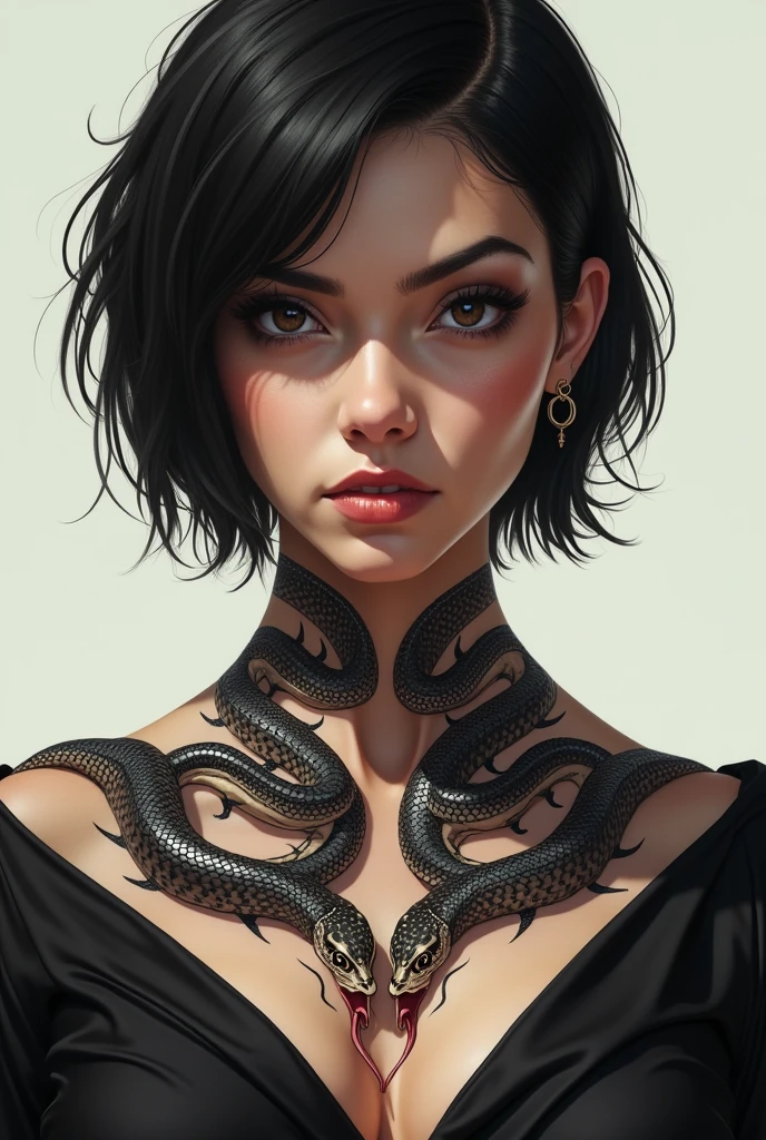 A short haired woman with a tattoo of 2 snakes with their mouths open around the woman's neck