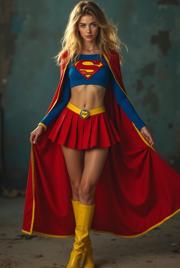 full view of A SEXY TEENAGE FEMALE WITH PEARL BLUE EYES AND LONG MESSY HAIR WEARING A CLASSIC BLUE SUPERMAN LONG SLEEVED CROP TOP COSTUME, A SHORT RED PLEATED SKIRT WITH A YELLOW, HIGH HEELED BOOTS, AND RED SUPERMAN CAPE WITH YELLOW TRIM. large breasts, incredibly detailed skin and eyes, seductive poses, 8K resolution, masterpiece, ultra-detailed, realistic, photo-realistic, vivid colors, dramatic lighting, cinematic composition