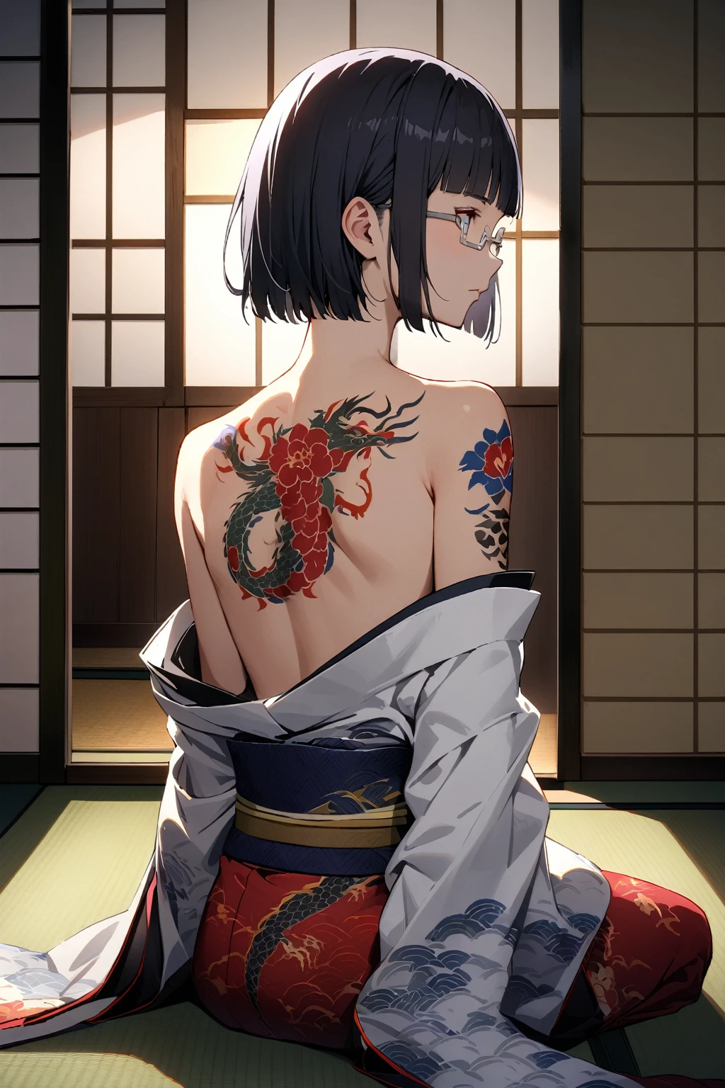 (extremely detailed fine touch:1.3), (((silver semi-rimless eyewear:1.3))), girl, solo, short hair, blunt bangs, sitting, wariza, looking back, upper body, from behind, ??????????, japanese clothes, white kimono, flower patterned kimono, ???????, black hair, expressionless, long skirt, (tattoo, irezumi, dragon on back:1.3), japanese room, tatami