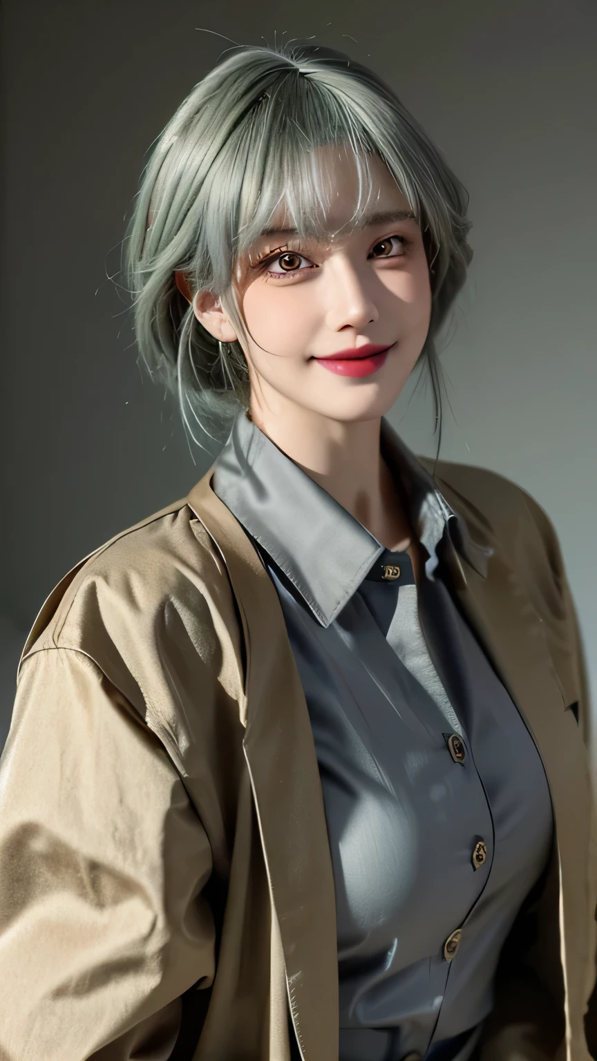 (best quality, masterpiece, 8K, Reality, Movie Lighting, hdr image, Extremely detailed, Beautiful images), A mature man, very handsome, Smile, Short gray-green hair, Golden Eyes, Perfect face,No flaws, ((Button up your jacket, CEO))