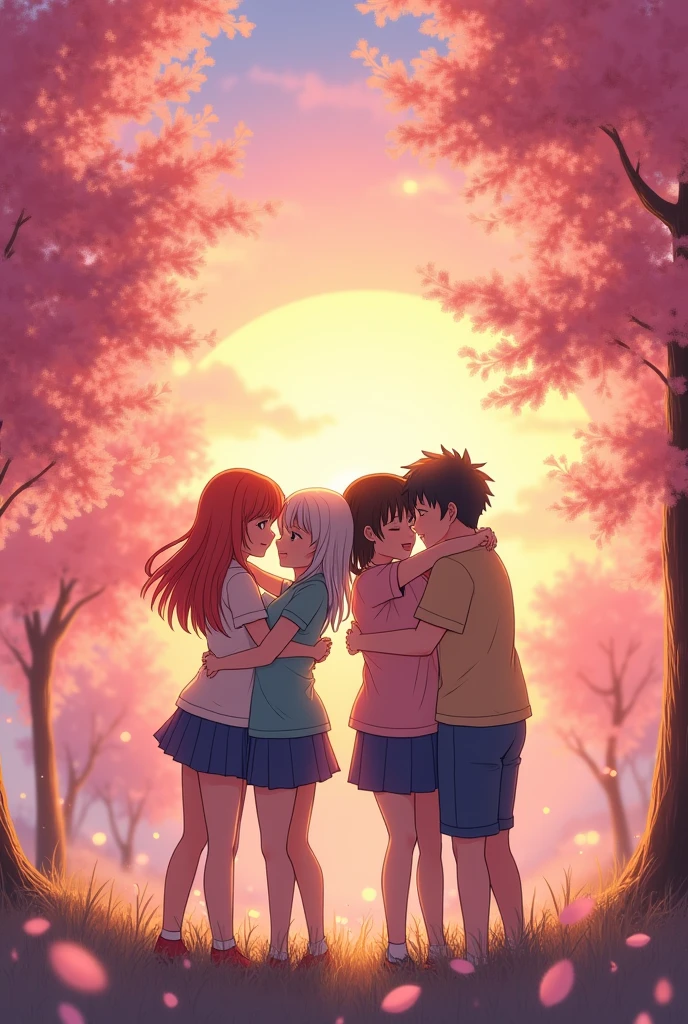 You can make 2 girls and 3 boys hugging each other separately and smiling next to a sunset and pink trees Anime version