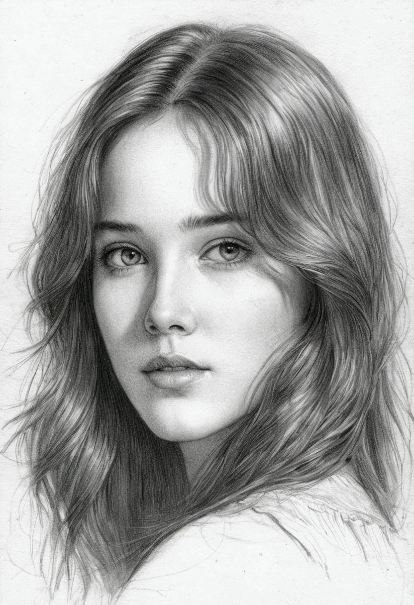 A delicate, graphite sketch portrays, a beautiful young Monica Belluccy,  without background, her features rendered in subtle shading and precise lines. The framing is tight, focusing attention on the subject's serene face. Soft, feathery strokes convey the gentle texture of her hair, 