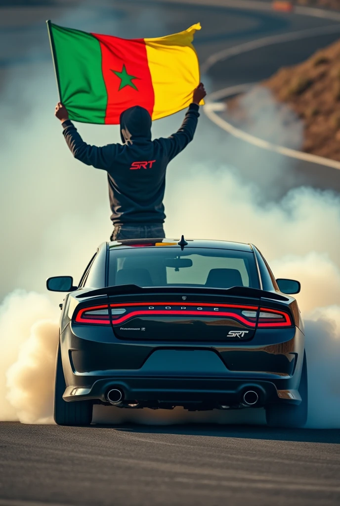 Je veux créer l'image d'un gars qui drift une Dodge charger srt . Le gars en question tient le drapeau du Sénégal vert, jaune, rouge avec l'étoile noire au milieu .Le gars porte un pull à capuche noir. Il porte le capuchon du pull,son visage n'est pas bien visible et derrière son pull est inscrit le logo SRT.