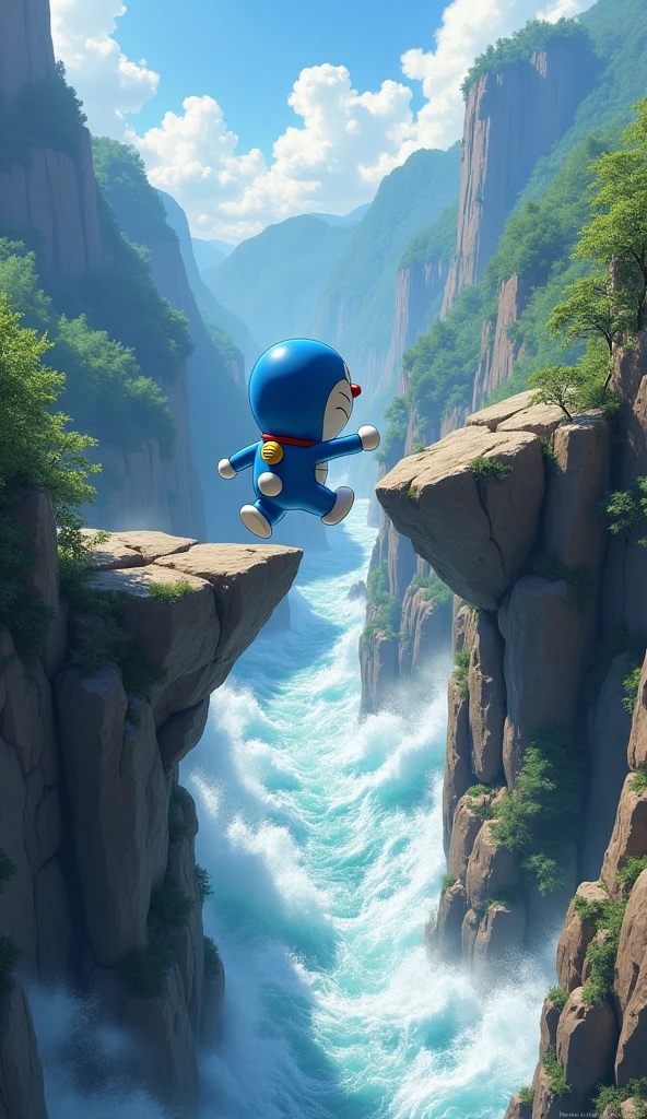 Doraemon is jumping over large slippery rocks to cross a deep canyon.. At his feet is a rushing river., create a sense of danger. On Doraemon&#39;s face is a look of intense concentration..