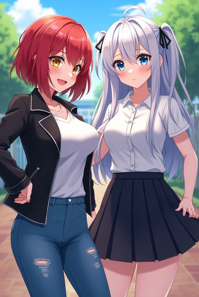 2 girls, busty, school yard, BREAK (masterpiece:1.2), best quality, high resolution, unity 8k wallpaper, (illustration:0.8), (beautiful detailed eyes:1.0), extremely detailed face, perfect lighting, extremely detailed CG, (perfect hands, perfect anatomy), (1 girl, busty, with short red hair and yellow streaks, yellow eyes, black leather jacket, white t-shirt, torn jeans, mischievous smile), (1 girl, busty, with long white hair with blue streaks, light blue eyes, white blouse, black pleated skirt, cold face), hot anime style