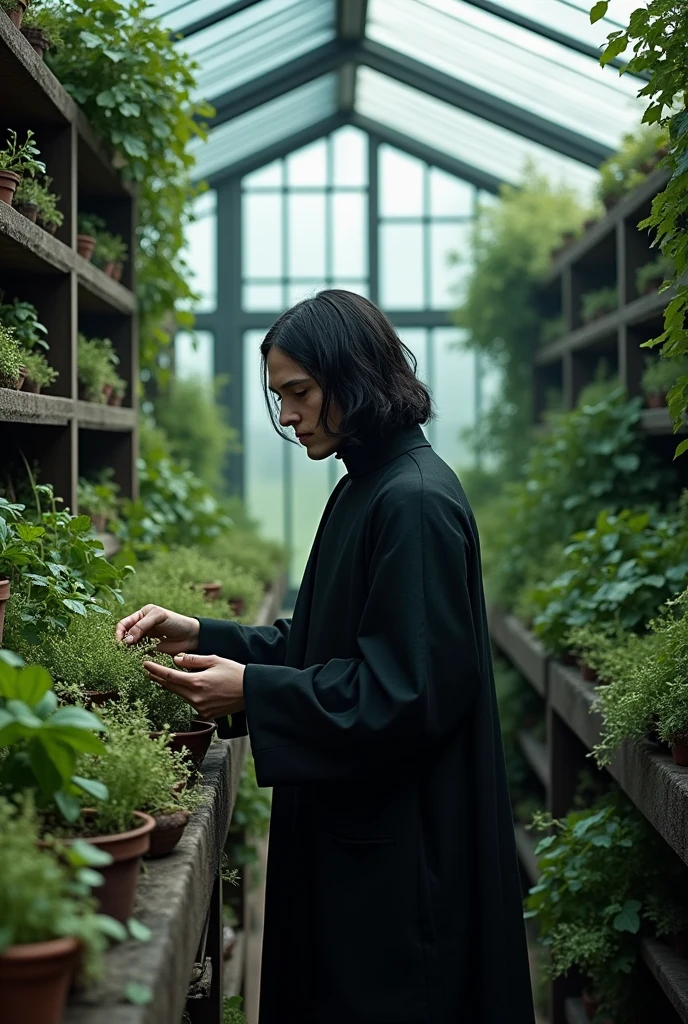 Create an image of a young Severus Snape taking plants from a greenhouse