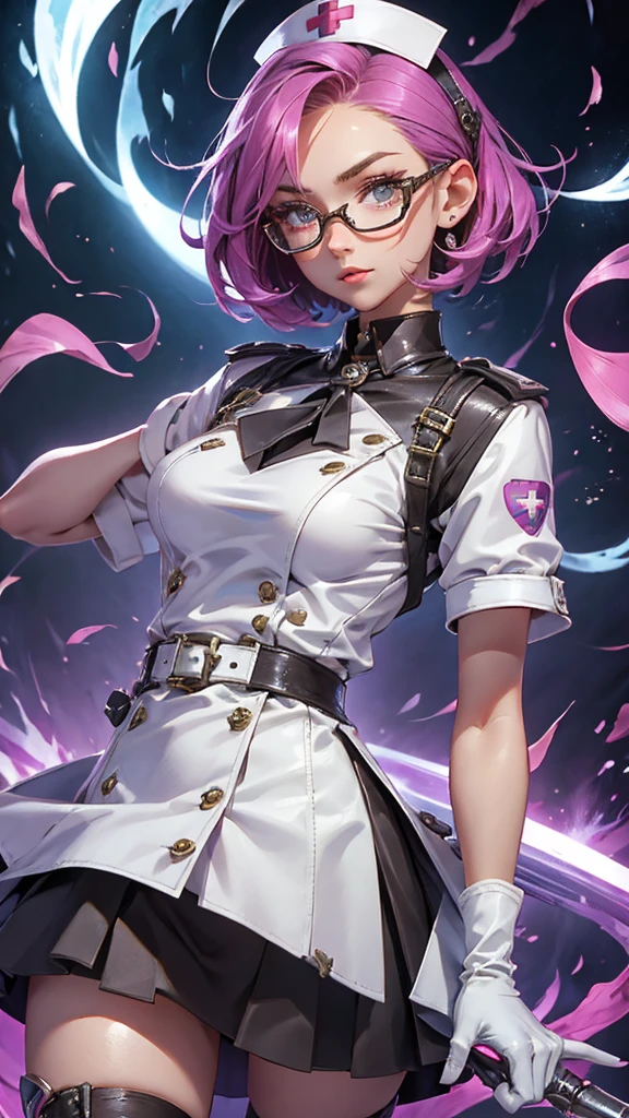 A beautiful girl wearing a white high-necked punk nurse uniform(20th Generation)She has short hair, wears glasses and long patent leather gloves.