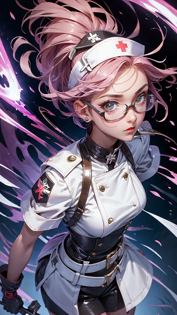 A beautiful girl wearing a white high-necked punk nurse uniform(20th Generation)She has short hair, wears glasses and long patent leather gloves.