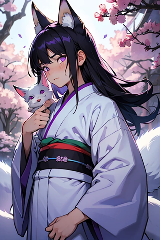 A small, white-furred Kitsune child, Blue-black hair and purple eyes with light blue touches and medium-long hair, a kimono, with a blushing face and a frown 