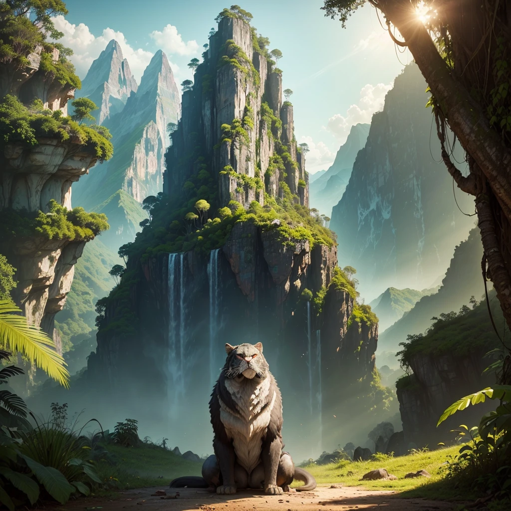 ((The background is a primitive jungle and Mountain brushes)))，(Movie Lighting, angle of view, in a panoramic view, ultra-wide-angle, hyper HD, Anatomically correct, tmasterpiece, acurate, Award-Awarded, Best quality at best)