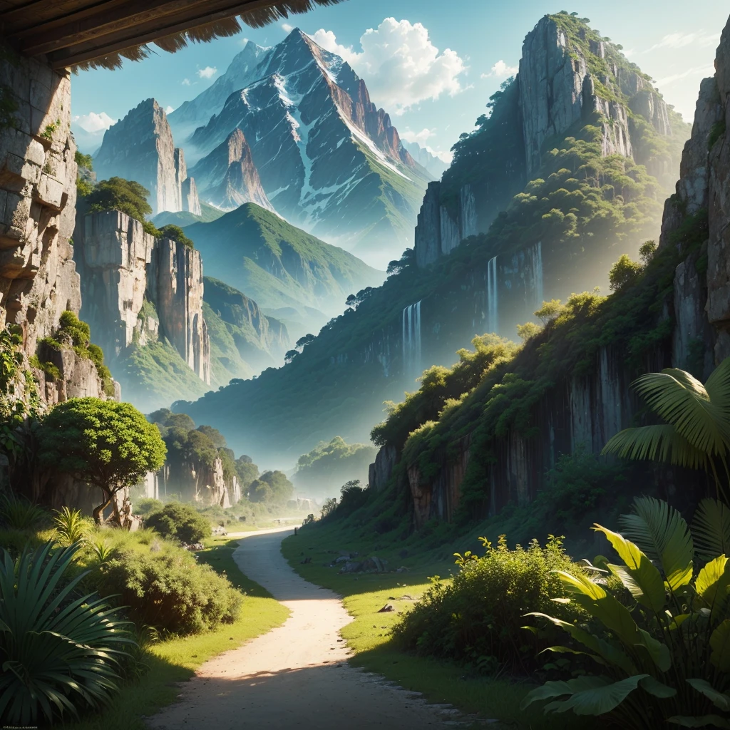 ((The background is a primitive jungle and Mountain brushes))),(Movie Lighting, angle of view, in a panoramic view, ultra-wide-angle, hyper HD, Anatomically correct, tmasterpiece, acurate, Award-Awarded, Best quality at best)